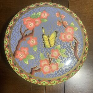 Made In England Enameled Metal Tin Trinket Box Oriental Butterfly Flowers Design